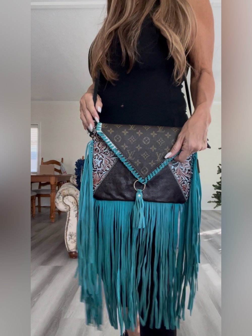 Teal Fringe Monogram Crossbody Bag - Picture 3 of 4